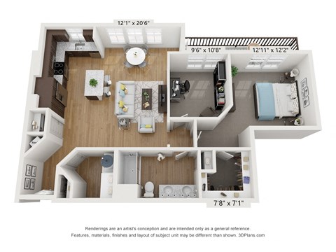 a stylized floor plan with a bedroom and a living room